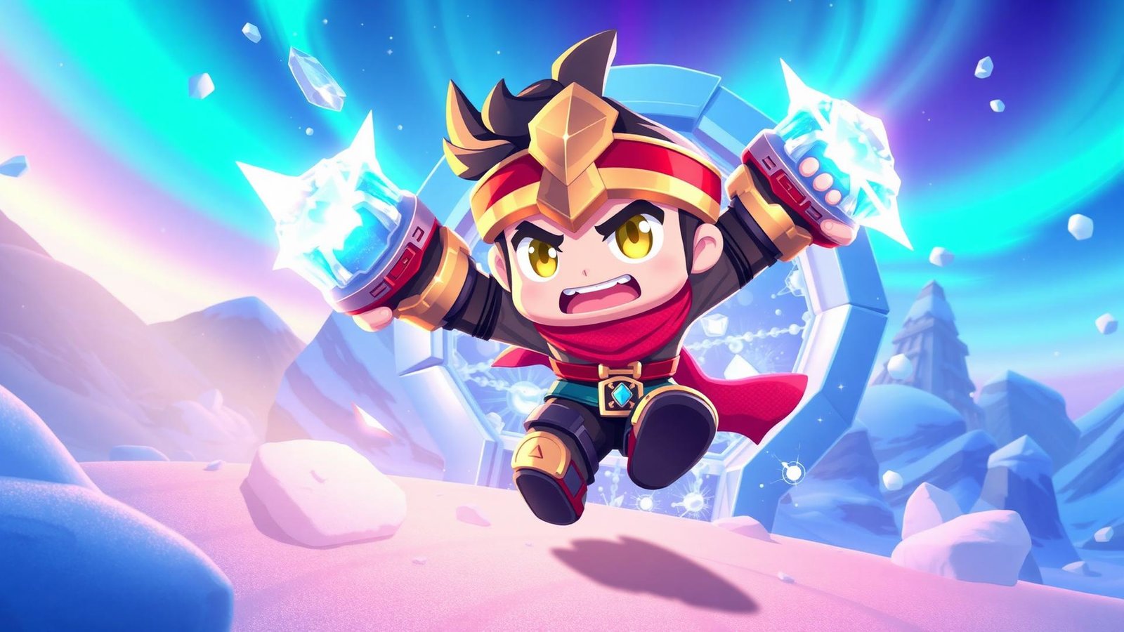 Brawler de gelo saltando com punhos congelados na arena de Frost Brawlers